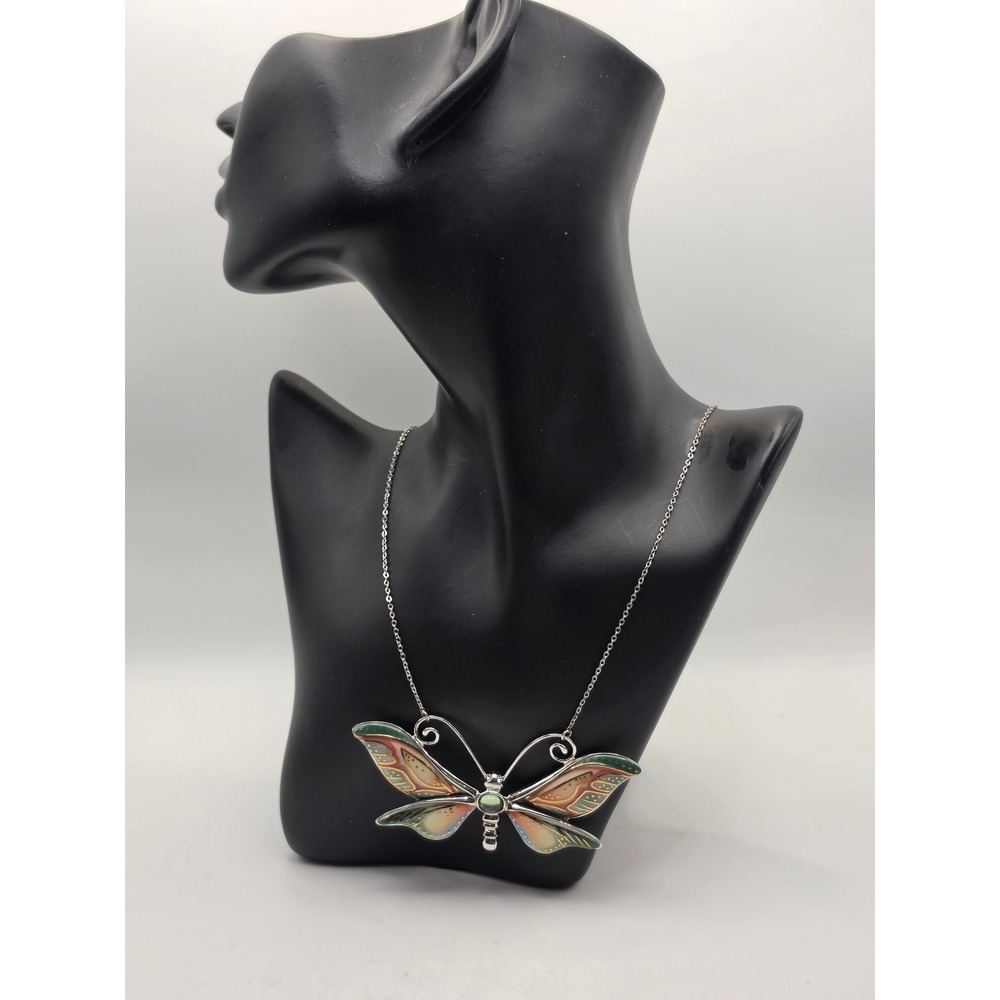 Franz Collection Butterfly Porcelain Pendant Necklace Silver Tone Green Pink 4in